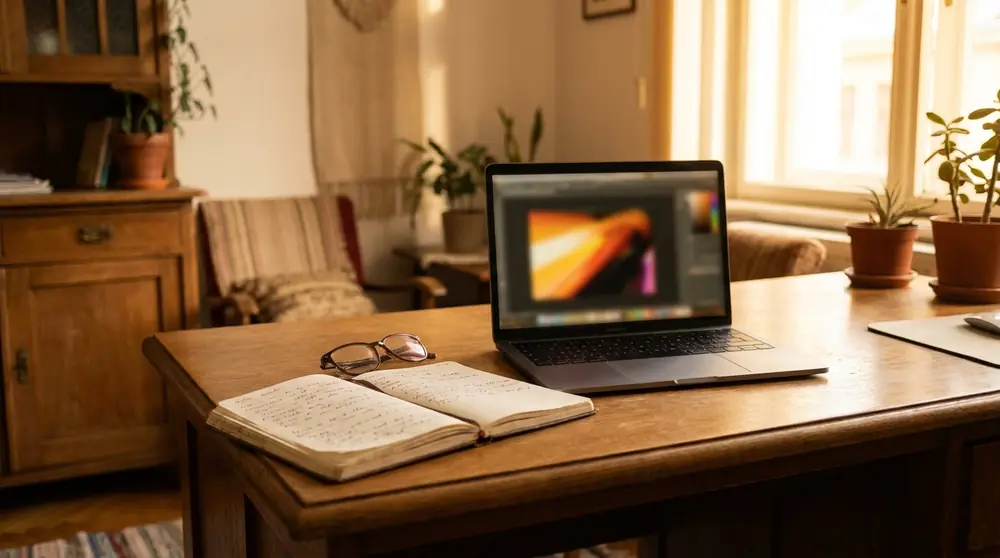 A laptop showing a financial chart next to a notebook on a desk