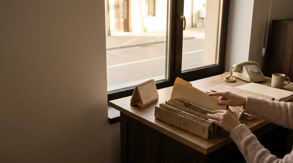 Personnel folders on a desk, with hands sorting documents
